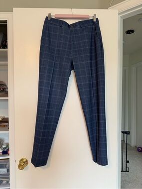 Men's Blue Windowpane Dress Pants
